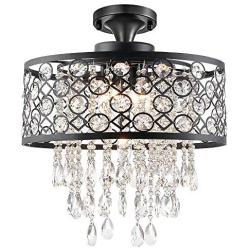 Maxax Round Crystal Chandelier Drum Flush Mount Pendant Ceiling Lighting Fixture for Dining Room, Living Room,Black 5-Lights