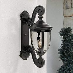 Bellagio Outdoor Wall Light Fixture Texturized Black Dual Scroll Arm 24'' Clear Hammered Glass for Exterior House Porch - John Timberland