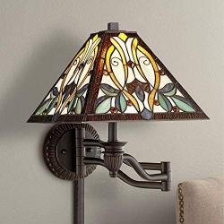Victorian Tiffany Style Swing Arm Wall Lamp Bronze Plug-in Light Fixture Multi Colored Stained Glass for Bedroom Bedside Living Room Reading - Robert Louis Tiffany