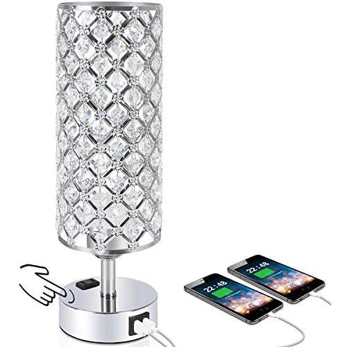 Touch Control Crystal Table Desk Lamp with Dual Fast Quick USB Charging Ports and AC Outlet, Acaxin 3-Way Dimmable Accent Bedside Light with Bulb, Nightstand Lamps for Bedroom, Living Room,Guest Room