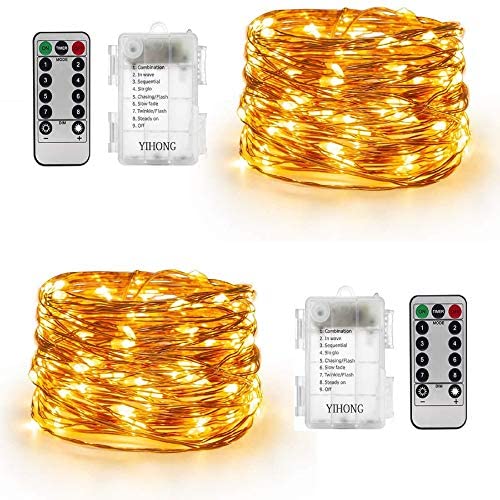 YIHONG 2 Pack Christmas Fairy Lights Battery Operated with Remote Control, 16ft 8 Modes String Lights 50Leds Twinkle Firefly Lights for Patio Garden Party Decoration- Warm White