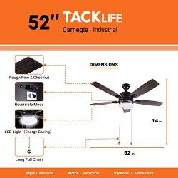 Ceiling Fan, 52-Inch Indoor/Outdoor Ceiling Fans, 5 Solid Wood Board Fan Blades, Quiet Reversible Motor, LED Light and Pull Chain Control, TACKLIFE CF01