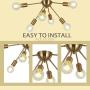 VINLUZ 6-Light Sputnik Chandelier Brass Mid Century Modern Ceiling Light Retro Chandelier Lighting for Kitchen Dining Room Bedroom Hallway Foyer