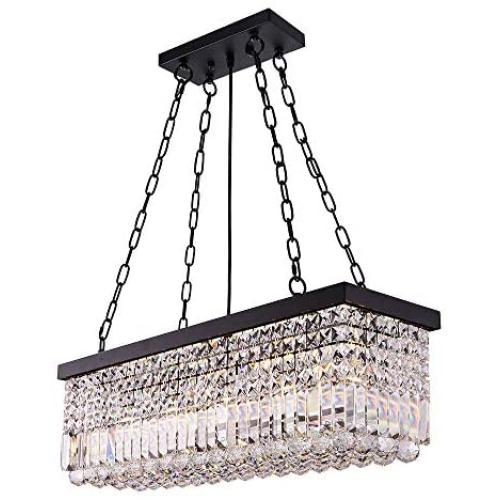 Wellmet Farmhouse Retangle Crystal Chandelier, 5-Light Modern Contemporary Linear Crystal Pendant Light, Hanging Dining Room Chandelier Ceiling Light Fixture for Living Room, Kitchen Island, L30”X W9”