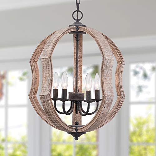 Farmhouse French Country 5-Light Globe Wooden Chandelier, Chic Cottage Wood Pendant Light for Dining Room, Living Room, Foyer, Hall, Entry, Restaurant - Burlywood Farmhouse French Country 5-Light Globe Wooden Chandelier, Chic Cottage Wood Pendant Light for Dining Room, Living Room, Foyer, Hall, Entry, Restaurant - Burlywood