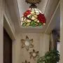 Tiffany Style Stained Glass Ceiling Lamp 8 Inch Green Leaves Red Rose Art Shade Flush Mount Ceiling Light for Living Room Bedroom Hotel Corridor