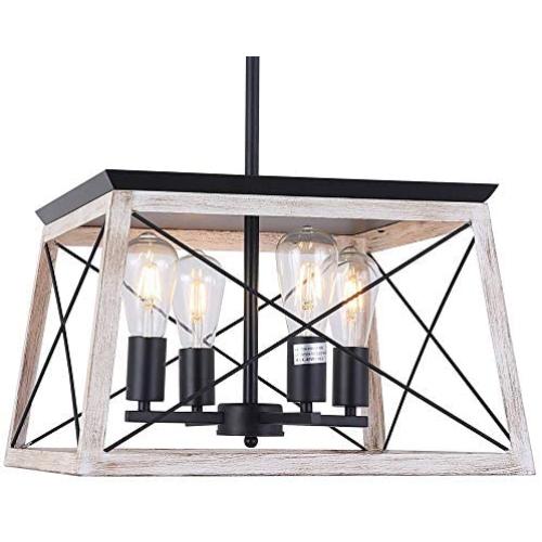 Qamra Farmhouse Kitchen Island Chandelier, Retro Industrial Metal Cage Pendant Lighting Hanging Fixture Light for Dining Room Living Room (4 Lights)