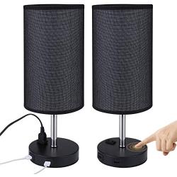 Touch Table Lamp Dimmable with AC Outlet and 2 USB Ports, LIGHTESS Black Fabric Shade Nightstand Lights Bedside Lamps, Edison LED Bulbs Included for Bedroom, Living Room, Pack of 2, LG9925868