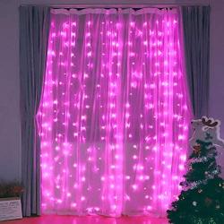 Fiee Curtain Lights,304L 9.8ftX9.8ft 30V 8Modes Safety Window Lights with Memory for Home Wedding Christmas Party Patio Lawn Garden Bedroom Outdoor Indoor Wall Decorations (304LED, Pink)