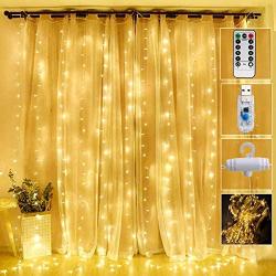 Curtain Lights 300 Led Window Curtain String Light with 8 Modes Remote Control Curtain Fairy Lights USB Powered for Christmas Party Wedding Bedroom Home Garden Window Decor (Warm White)