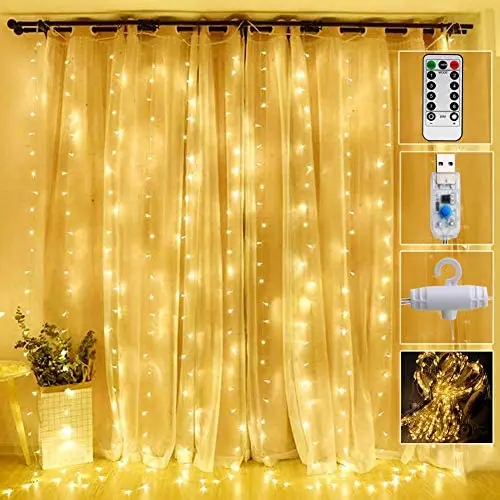 Curtain Lights 300 Led Window Curtain String Light with 8 Modes Remote Control Curtain Fairy Lights USB Powered for Christmas Party Wedding Bedroom Home Garden Window Decor (Warm White)