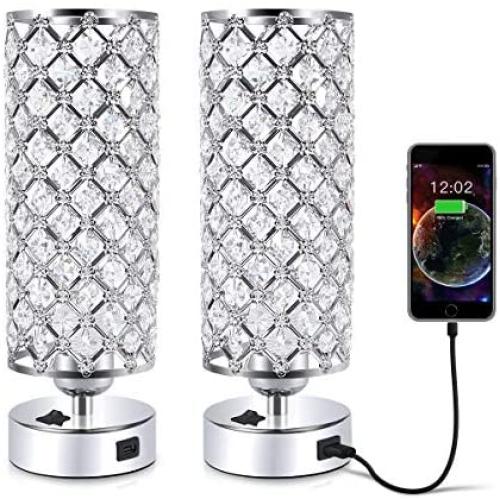 Crystal Table Desk Lamp with USB Port, Acaxin Elegant Bedside Light with Crystal Shade, Glam Lamps for Bedrooms, Decorative Lamp, Nightstand Lamp for Bedroom/Living Room/Dressing Room (Set of Two)