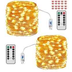 Merfino Fairy Lights, 2 Pack Twinkle Lights, 20 Hooks, 66 FT 200 LEDs, 8 Modes, Waterproof Bendable Copper Fairy String Lights, USB Powered, Fairy Lights for Bedroom, Party, Wedding, Warm White