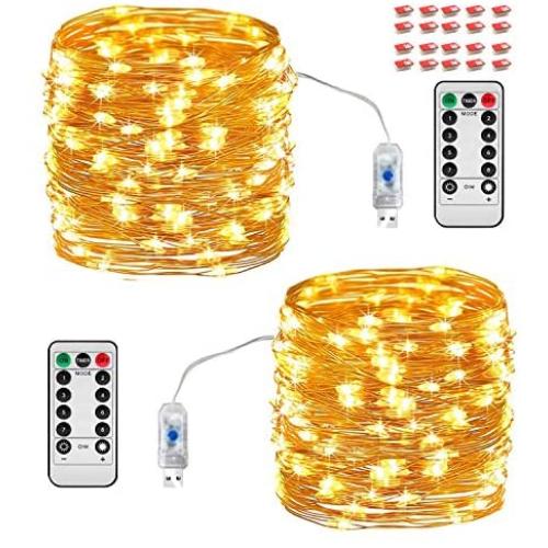 Merfino Fairy Lights, 2 Pack Twinkle Lights, 20 Hooks, 66 FT 200 LEDs, 8 Modes, Waterproof Bendable Copper Fairy String Lights, USB Powered, Fairy Lights for Bedroom, Party, Wedding, Warm White