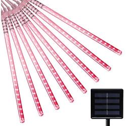 VMANOO LED Outdoor Lights 8 Tube Meteor Shower Rain Lights Solar Powered Icicle Raindrop Snow Falling Lights Cascading Lighting for Garden Outdoor Patio Holiday Party Halloween Decoration Red