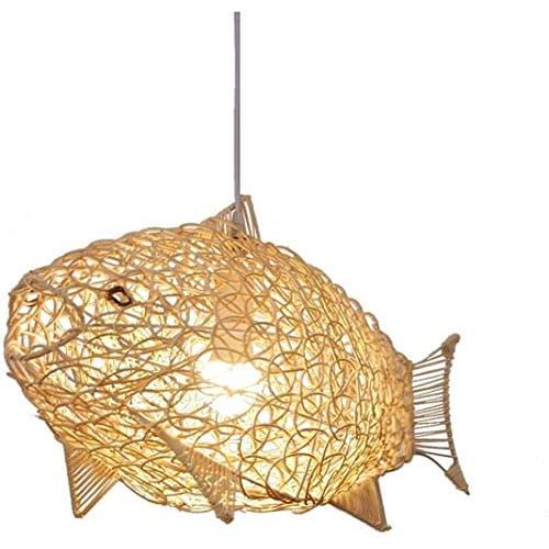 24inch Weaving Natural Wicker Ceiling Hanging Light Fish-Shaped Lantern Pendant Lighting Rattan Light Dining Room Living Room Restaurant Woven Chandelier Drop Lights (Adjustable Cord)