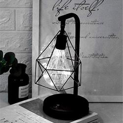 Retro Metal Table Lamp,WONFAST Hollow Diamond Shape Vintage Edison Bulb Copper Wire Reading Lamp Battery Operated BedsideNight Lights for Bedroom Office Wedding Party Christmas Decoration (White)