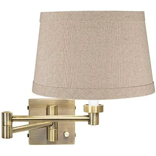 Modern Swing Arm Wall Lamp Antique Brass Plug-in Light Fixture Natural Linen Drum Shade for Bedroom Bedside Living Room Reading - Barnes and Ivy