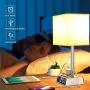 Table Lamp - Bedside Table Lamps with 4 USB Ports and AC Power Outlets, Alarm Clock Base w/ 6Ft Extension Cord, Square Oatmeal Fabric Lampshade Modern Accent Nightstand Lamps for Bedrooms Living Room