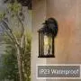 MOTINI 1-Light Outdoor Wall Sconce Lantern with Motion Sensor and Dusk to Dawn 60 W Bulb Included IP23 Waterproof Exterior Light Fixtures Wall Mount in Black Finish with Water Glass Shade
