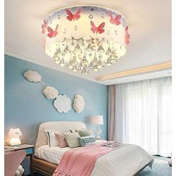 LAKIQ Modern Girl’s Bedroom Flush Mount Ceiling Lighting Fixture Lovely Pink Butterfly LED Crystal Chandelier Drum Shade Close to Ceiling Light for Girls Kids Room Foyer Living Room