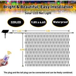 JMEXSUSS Solar Net Mesh String Lights Outdoor Waterproof Lights, 8 Modes Remote Control Waterproof Solar Net Lights Outdoor Green Wire 9.8ft x 6.6ft 320 LED Mesh Lights(Mulit Color)