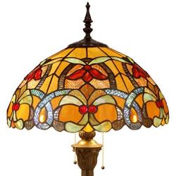 Tiffany Style Floor Standing Lamp W16H64 Inch Tall Orange Stained Glass Liaison Crystal Bead Flower Shade 2E26 Antique Reading Lighting Resin Base S617 WERFACTORY LAMPS Bedroom Living Room Lover Gifts