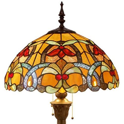 Tiffany Style Floor Standing Lamp W16H64 Inch Tall Orange Stained Glass Liaison Crystal Bead Flower Shade 2E26 Antique Reading Lighting Resin Base S617 WERFACTORY LAMPS Bedroom Living Room Lover Gifts