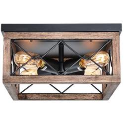 Eyassi Flush Mount Ceiling Light, Farmhouse Wooden Close to Ceiling Lighting Fixture Black Ceiling Lamp 4 Lights for Kitchen Island Living Room Bedroom Hallway Laundry Entryway