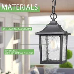 BEEZOK Outdoor Pendant Light - Exterior Hanging Lamp, Matt Black Water Rippled Glass Ceiling Lighting Fixture for Porch Patio Entryway