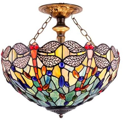 Tiffany Ceiling Fixture Lamp Semi Flush Mount Light W16H15 Inch Green Yellow Stained Glass Dragonfly Shade S128 WERFACTORY Parent Lover Kid Living Room Bedroom Study Office Island Bar Hallway Dining