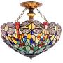 Tiffany Ceiling Fixture Lamp Semi Flush Mount Light W16H15 Inch Green Yellow Stained Glass Dragonfly Shade S128 WERFACTORY Parent Lover Kid Living Room Bedroom Study Office Island Bar Hallway Dining