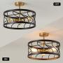 Deyidn Lighting 3-Light Rustic Semi Flush Mount Ceiling Light Fixture Modern Industrial Black and Gold Metal Cage Lamp for Bedroom, Kitchen, Living Room, Dining Room, Hallway, Stairway,Farmhouse
