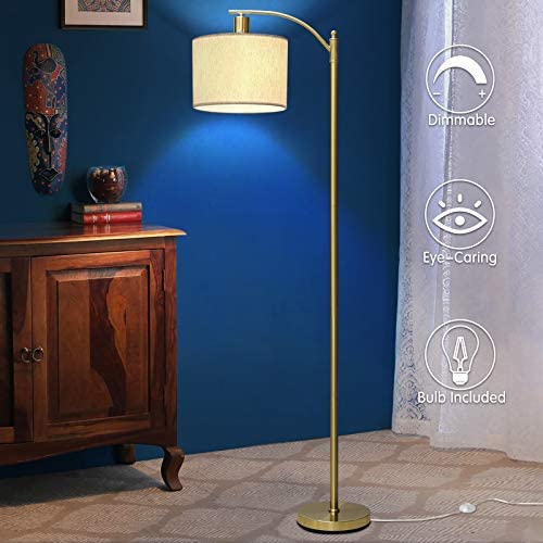 Gold Led Floor Lamp with Dimmer, Fully Dimmable Standing Lamp, Bright Couch Reading Light with Hanging Lampshade and Sturdy Base, Tall Pole Lamp for Living Room, Bedroom, Corner, 8W LED Bulb Included