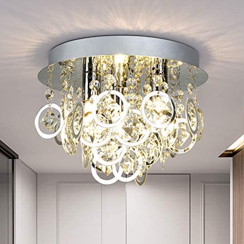 Maxax Flush Mount Crystal Chandelier 3 Lights Ceiling Lighting Fixture for Walking Way Living Room, Bedroom,Kitchen, Bathroom.(Chrome) (OM24)