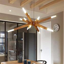 RUNNUP Modern Starburst Wood Chandelier Multi Light LED Pendant Light Warm Light Adjustable Hanging Ceiling Light in Acrylic Shade for Restaurant Cafe Bar Kitchen Dining Room Living Room