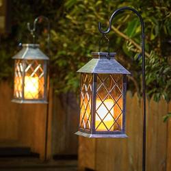 Homeimpro Solar Lantern Hanging Garden Outdoor Lights Flickering Flameless Candle Waterproof LED Lamp for Table Patio Lawn (Silver)
