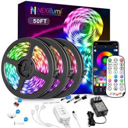 Nexillumi 50ft LED Strip Lights with IR Remote Ultra-Long LED Lights for Bedroom, Dorm, Room Decor App Control Music Sync LED Lights with Connectors (50Ft APP+ Remote+ Mic Control+ 3-Button Switch)