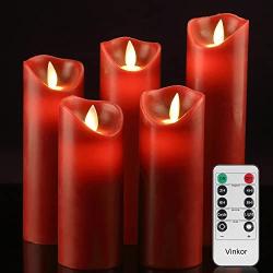 Vinkor Flameless Candles Battery Operated Candles 4'' 5'' 6'' 7'' 8'' Set of 5 Burgundy Real Wax Pillar LED Candles with 10-Key Remote and Cycling 24 Hours Timer