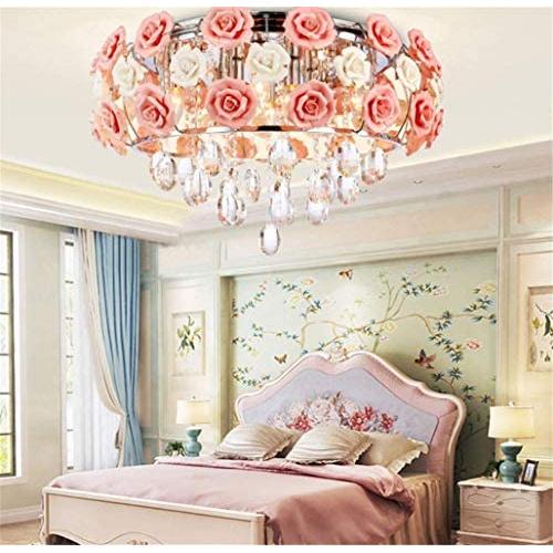 Romantic Ceramic Pink Rose Chandelier, Round Crystal Ceiling Lamp Lighting Fixture for Living Room, Bedroom, Dining Room Decoration, E14 Bulb Not Included