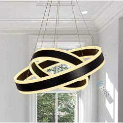 Contemporary Led Chandelier Lighting，Black Dimmable Led Pendent Lights Dining Room Chandeliers 2 Circle Ring Ceiling Hanging Light Fixture with Remote for Foyer Kitchen Living Room Meenyo