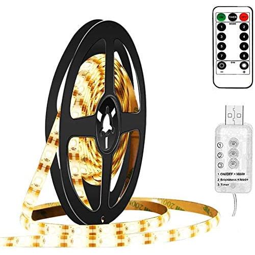 echosari USB Led Strip Lights with Remote, 2m 60Led, 8 Modes, 3 Timer Options, Dimmable, Cuttable, Self-Adhesive, Waterproof, Warm White Led Lights Strip for Bedroom Cabinet Cupboard Shelf Decor