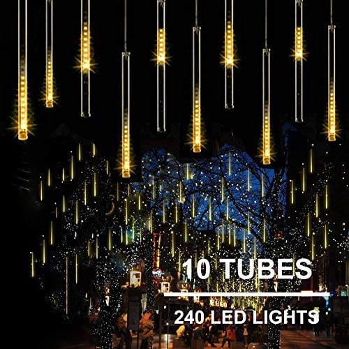 11.8 inch 10 Tubes 240 LED Meteor Shower Raindrop Lights with Timer Function Cascading Lights LED Icicle Lights Falling Raindrop Lights for Holiday Party Wedding Christmas Tree Decoration (Warm White)