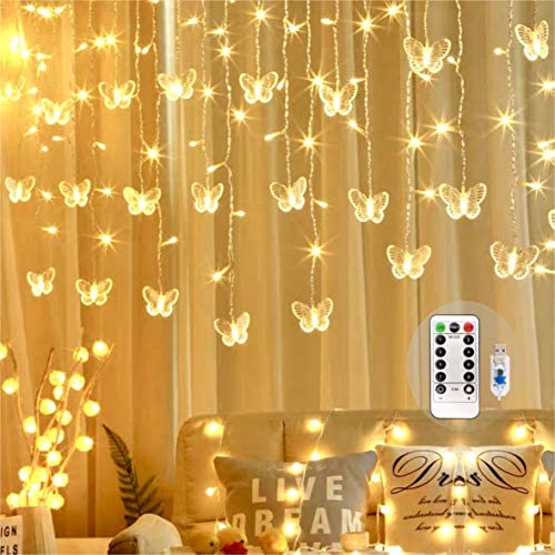 Butterfly Curtain Fairy Lights USB Plug in,8 Modes 120 LED 14.7FT Firefly Twinkle Timer String Lights with Remote, Waterproof Copper Wire for Bedroom Patio Christmas Wedding Party Dorm(Warm White)