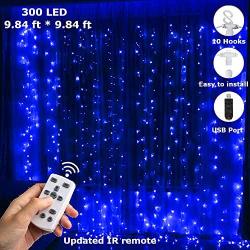 Lampmall Curtain Icicle Light Blue 300LED Window Curtain String Light with Remote Wedding Backdrop Lighting Bedroom String Fairy Lights Dimmable for Living Room Garden Parties, 9.8ft9.8ft