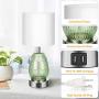 Touch Control Table Lamp, 3 Way Dimmable Nightstand Lamp with 2 USB Charging Ports, Green Glass, Silver Base, Fabric Shade Desk Reading Light for Bedroom Living Room, LED Bulb Included