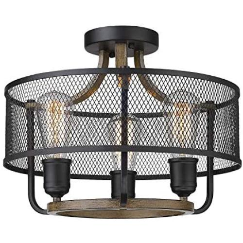 Osimir 3-Light Semi-Flush Mount Ceiling Light, Industrial Ceiling Fixture in Matte Black & Wooden Finish, Round Ceiling Light Fixture for Bedroom, Living Room, Dining Room RE9166-3