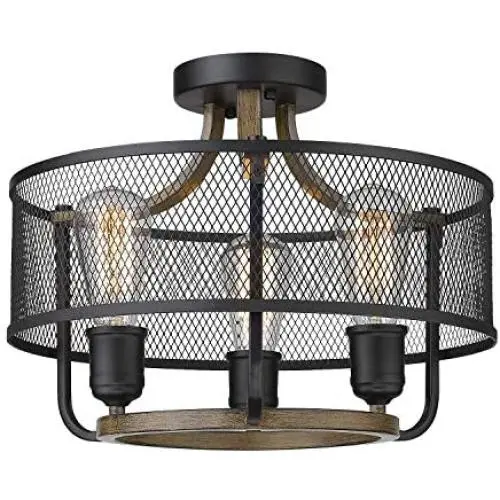 Osimir 3-Light Semi-Flush Mount Ceiling Light, Industrial Ceiling Fixture in Matte Black & Wooden Finish, Round Ceiling Light Fixture for Bedroom, Living Room, Dining Room RE9166-3