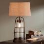 Industrial Table Lamp with Nightlight Bronze Cage Glass Lantern Brown Burlap Shade for Living Room Family - Franklin Iron Works