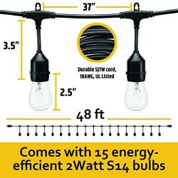 Outdoor String Lights - 48-Foot Black String Lights with 15 Hanging E26 Bulbs - UL Listed - Water Resistant and Heavy Duty Porch, Bistro, Yard, or Patio Lights - Easy to Install and to Extend